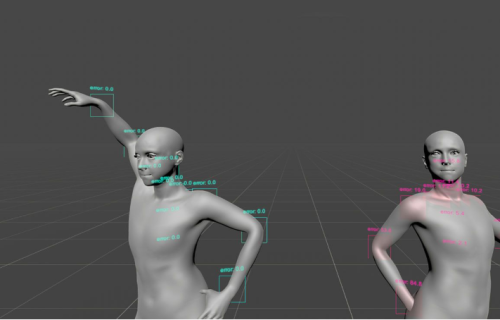 Still from “Gestural Publics” showing motion capture–based movement used to explore digital bodies.