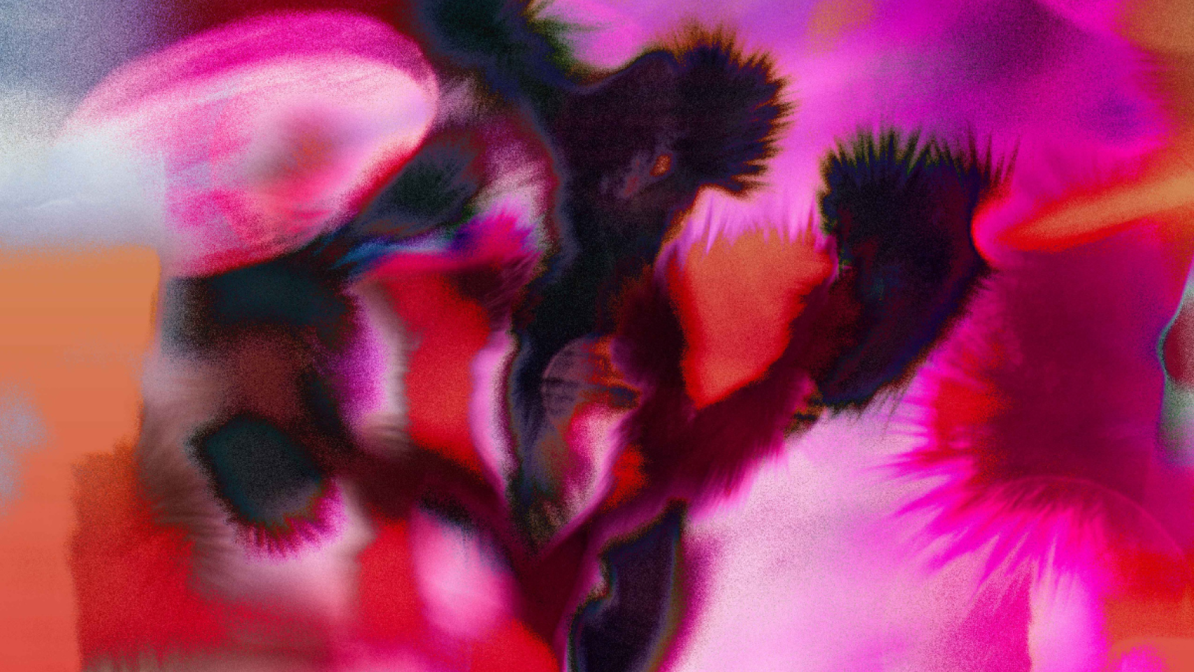 A digital illustration of a black Joshua tree blurred amid pink, red and orange color bursts