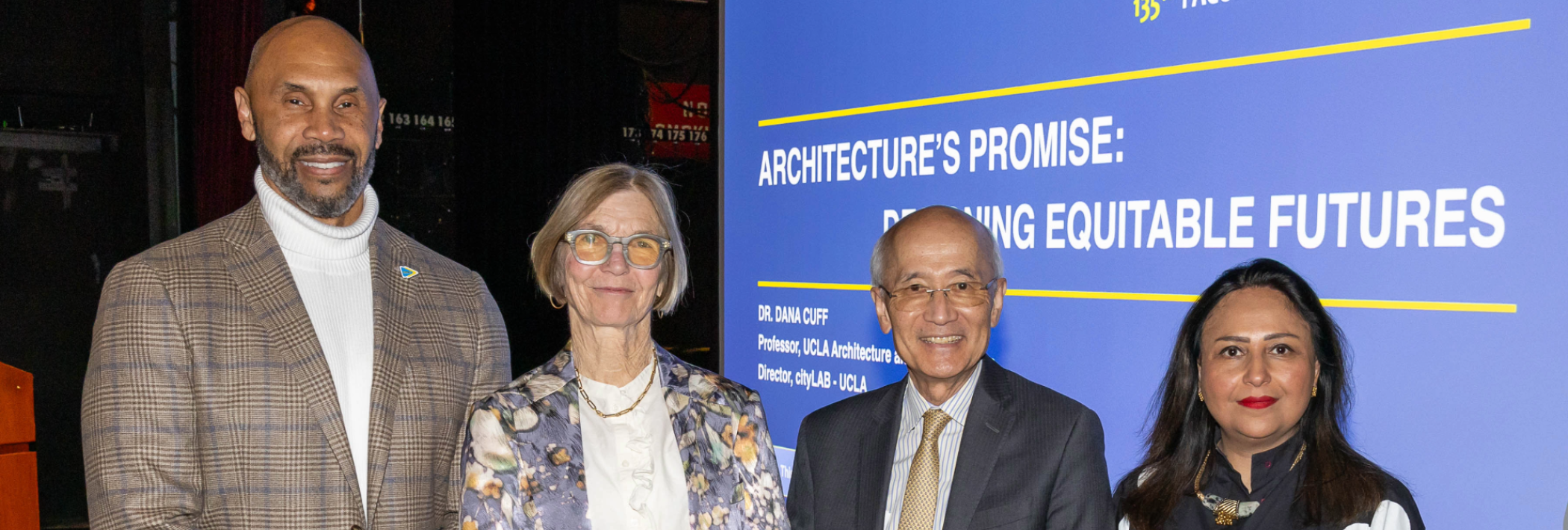 EVCP Darnell Hunt, Professor Dana Cuff,VC for ORCA Roger Wakimoto, and Professor Ananya Roy at 135th FRL event.png