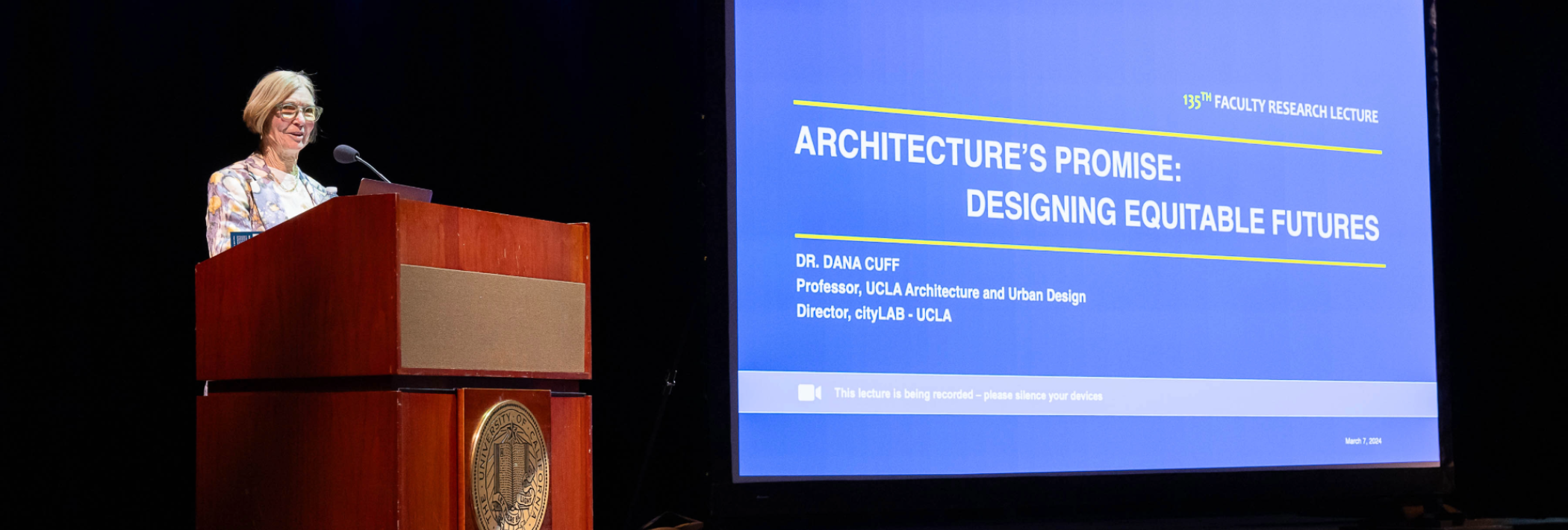 Professor Dana Cuff presenting at 135th Faculty Research Lecture